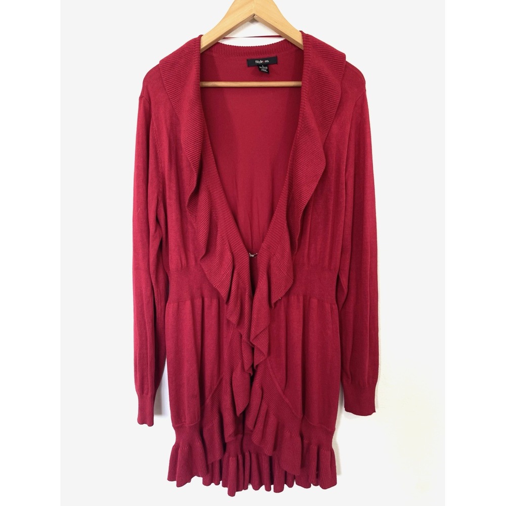 Style & Co Womens Boho Ruffled Long Cardigan Sweater‎ Size L Red Everyday Casual